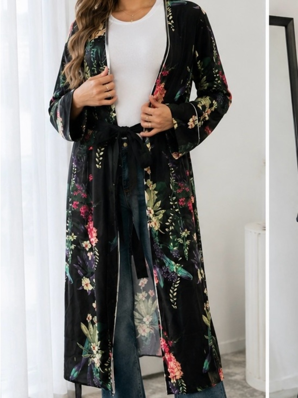 Boohoo Black Floral Satin Longline Robe with Tie Belt